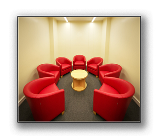 round-table, red chairs